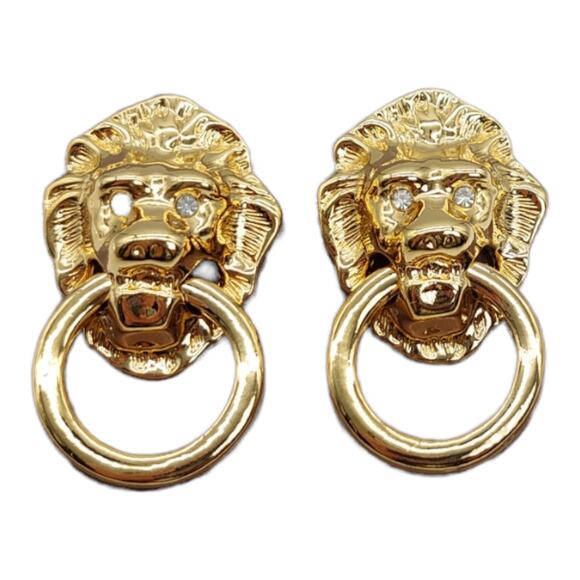 KJL Kenneth J Lane Lion Door Knocker Earrings Rhinestone NOS Avon Vintage 1986 - Picture 11 of 12
